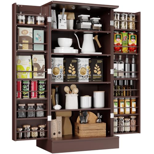 kepptory 47" Freestanding Kitchen Pantry Cabinet with Adjustable Shelves | Magnetic Doors & Anti-Tip Device, Storage Cupboard for Kitchen Laundry Living Room, Walnut - color: Walnut, size: 26"W × 16"D × 47"H