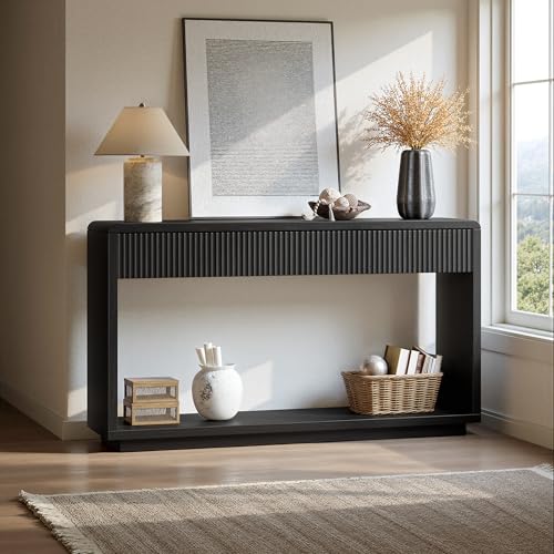 Evermagin 59'' Charcoal Black Entryway Table with Drawers, Fluted Console Table, Mid Century Modern Sofa Table with Storage for Living Room, Entrance, Hallway - color: Charcoal Black
