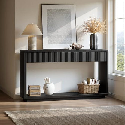 Evermagin 59'' Charcoal Black Entryway Table with Drawers, Fluted Console Table, Mid Century Modern Sofa Table with Storage for Living Room, Entrance, Hallway - color: Charcoal Black