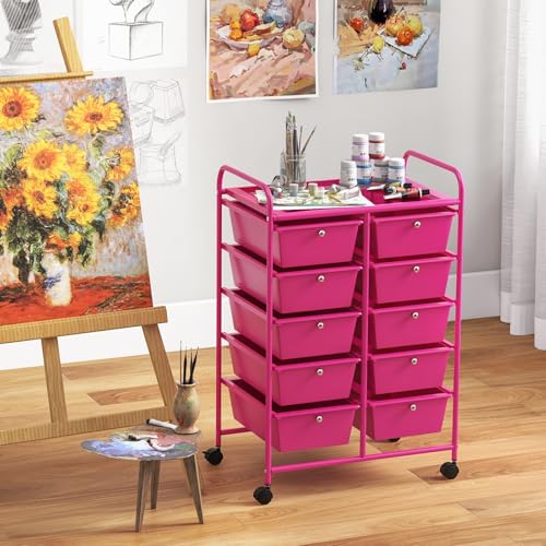 “Moccha 10-Drawer Rolling Storage Cart - Under Desk Storage Drawers with wheels for Craft Art Supply Paper Salon, Scrapbook Paper Tools, Storage Drawers Organizer, Mobile Utility Cart for Classroom - color: Hot Pink, style: 10 Drawers