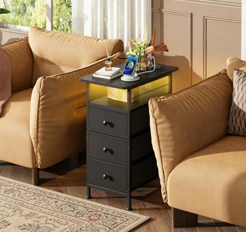 WLIVE Narrow Side Table with Charging Station, End Table with LED Lights,3 Fabric Drawers and Open Shelf, Bed Side Tables Living Room, Small Spaces, Bedroom, Black - color: Black, size: 3 Drawers