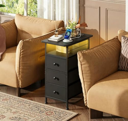 WLIVE Narrow Side Table with Charging Station, End Table with LED Lights,3 Fabric Drawers and Open Shelf, Bed Side Tables Living Room, Small Spaces, Bedroom, Black - color: Black, size: 3 Drawers