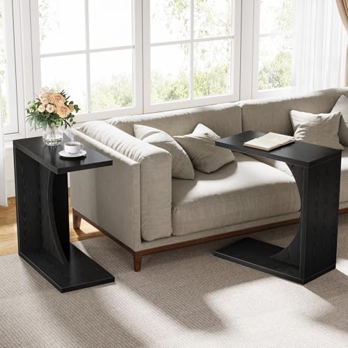 Tribesigns Set of 2 C-Shaped End Table for Couch, Small Bedside Table for Sofa, Wooden Nightstand for Living Room Bedroom Laptop Work Desk (2, Black) - color: Black