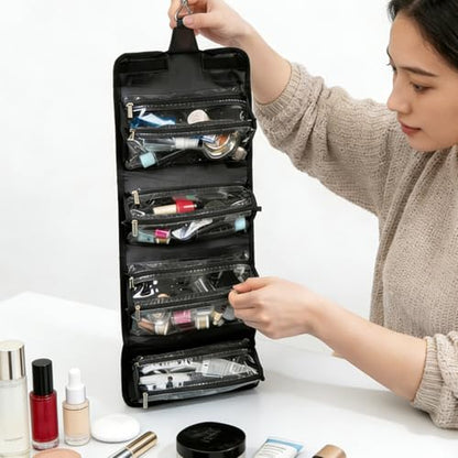 Roll Up Makeup Bag, Travel Toiletry Bag for Women with 4 Clear TSA Approved Pouches, Hanging Travel Organizer, Folding Cosmetic Bag for Men and Women - color: Black