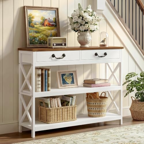 IRONCK 39.4" Farmhouse Console Table with Storage, Narrow Entryway Table with 2 Drawers & 2 Shelves, Industrial Wood Sofa Table for Living Room/Hallway, White/Walnut - size: 39.4inch