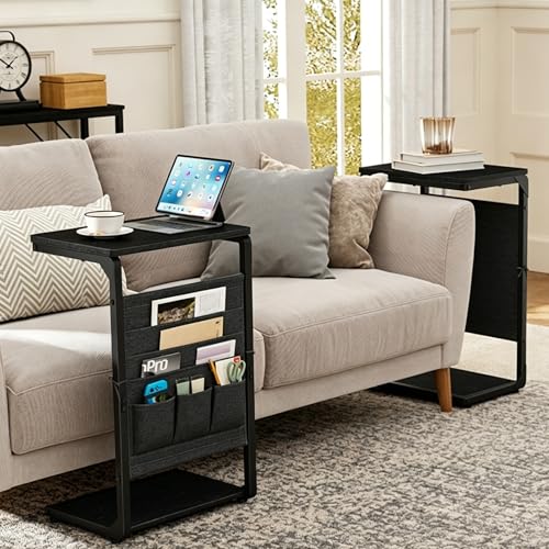 Couch End Tables Set of 2 Pack TV Trays, Black Small Side Table Sofa Tray Wood Pedestal TV Trays for Eating on Couch, Tables that Slide Under, Dinner Food Snack C Shaped Stands Living Room ET-P-BKW2 - color: Black