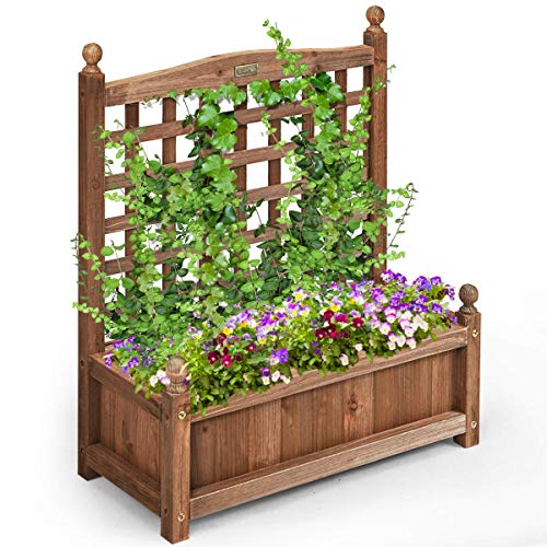 Giantex Set of 2 Wood Planter Free Standing Plant Raised Bed with Trellis for Garden or Yard (25" Lx11 Wx30 H) - color: Brown, size: 25’’x11’’x30’’