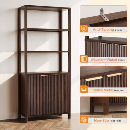 VINGLI Bookcase with Fluted Doors, 71" Wood Storage Cabinet with Adjustable Shelves, 6-Tier Display Cabinet Bookshelf for Study, Living Room, Home Office, Kitchen Pantry, Walnut - color: Dark Walnut