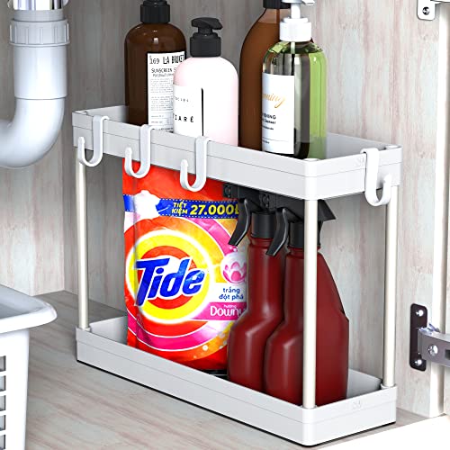 Simple Houseware 2-Tier Under Sink Organizer Storage Tray with Hooks, White - color: White