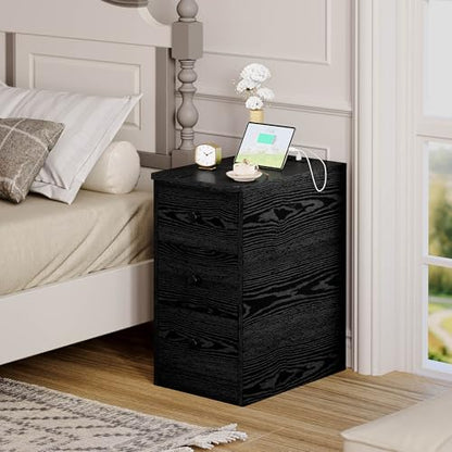 LIKIMIO Nightstand with Charging Station, 3 Drawers Modern for Bedroom - color: Black