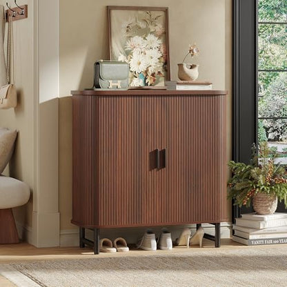 Maupvit Shoe Storage Cabinet with Smooth Fluted Sliding Doors, 5-Tier Shoe Cabinet Storage for Entryway, Narrow Hidden Shoe Rack for Front Door Entrance, Metal Handles and Legs, Walnut