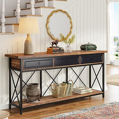 Tribesigns 70.8" Console Table with 3 Drawers, Farmhouse Entryway Table with Storage Shelf, Narrow Long Sofa Foyer Table for Entryway, Hallway (Brown/Black) - color: Brown/Black