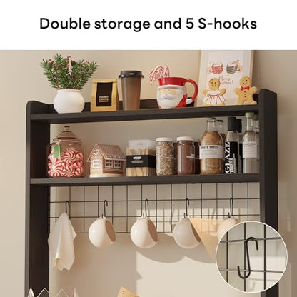 LIKIMIO Baker Rack with Spill-Safe Power Outlet & Drawer, Black | Coffee Bar Cabinet with Storage, Farmhouse Microwave Stand with Hutch and 5 Hooks for Kitchen - color: Black