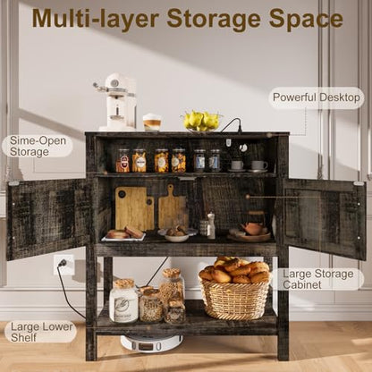 M METERXITY 31.5" W Coffee Bar Cabinet with Outlets, 2-Door Farmhouse Console Table Sofa Storage Cabinet Narrow Buffet Sideboard for Kitchen, Pantry, Entryway, Hallway (Dark Walnut Brown)