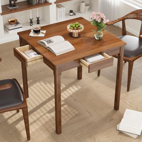 Solid Wooden Desk with Drawers - 29.5” Square Dining Table for 2-4 People, Rubberwood Mid Century Modern Desks, Small Writing Desk for Small Spaces|Bedroom|Kitchen|Apartment - Walnut Desks - color: Walnut, size: 29.5 in W x 29.5 in D