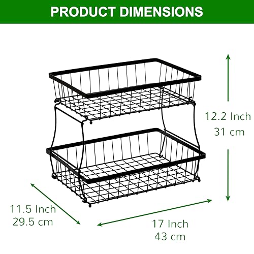 HOSY 2-Tier Metal Fruit Basket, 17-in Rectangle Black Standing Storage Rack | All-Metal, Removable Design, Tool-Free Assembly, Versatile Kitchen Countertop Organizer, Vegetables, Breads, Seasonings - size: 17-inch