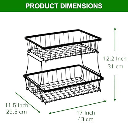 HOSY 2-Tier Metal Fruit Basket, 17-in Rectangle Black Standing Storage Rack | All-Metal, Removable Design, Tool-Free Assembly, Versatile Kitchen Countertop Organizer, Vegetables, Breads, Seasonings - size: 17-inch