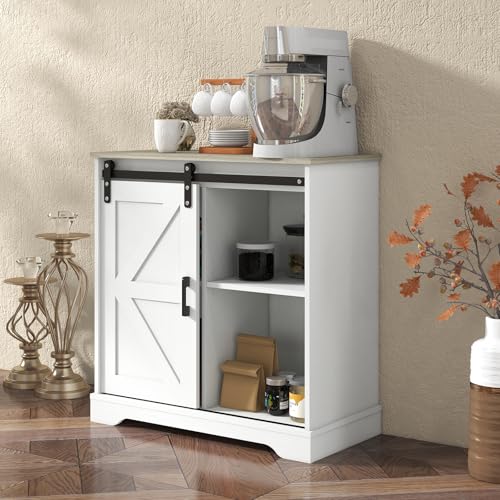Panana Sliding Barn Door Buffet Sideboard Storage Cabinet Coffee Bar Kitchen Farmhouse Style (White Cabinet Nature Top) - color: White Cabinet Nature Top