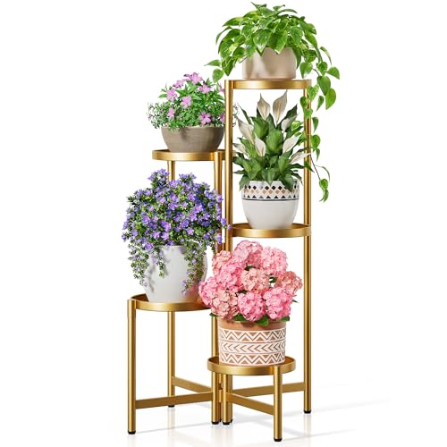Tall Gold Plant Stand Indoor Outdoor, Corner Metal Flower Pot Stands for Multiple Plants, 5 Tiered Heavy Duty Plant Shelf for Patio Garden Balcony Living Room Bedroom - GoldDisk - color: GoldDisk, size: 5-tiers