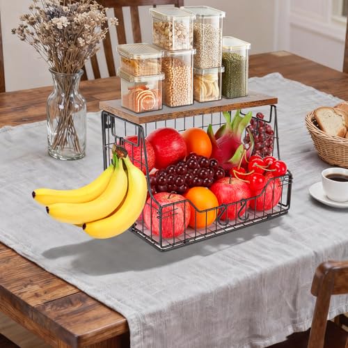 Livabber Fruit Basket for Kitchen, Metal Fruit Vegetable Storage Bin with 2 Banana Hangers, Countertop Wire Basket Organizer for Snack Potato Onion, Screw Mounted or Stand (Black, 1 Pack) - style: 1 Pack
