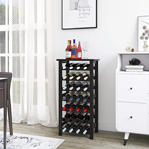 SMIBUY Bamboo Wine Rack, 28 Bottles Display Holder with Table Top, 7-Tier Free Standing Storage Shelves for Kitchen, Pantry, Cellar, Bar (Black) - color: Black