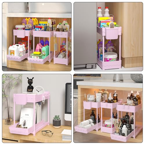Sevenblue 3 Pack Under Sink Organizers, 2-Tier Multi-Use Kitchen and Bathroom Organizers and Storage with Sliding Drawers, Bathroom Cabinet Organizer (Pink, 14.8 Inch) | Multi-use kitchen & bathroom storage, 14.8 inch pink cabinet organizer, space-saving