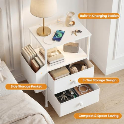 MALOL Night Stand with Charging Station & Led Light Strip, Bedside Table with Open Shelf & 2 Fabric Drawers and Reversible Side Storage Pocket, Modern End Table Bedroom,Living Room,White - color: White, size: Set of 1