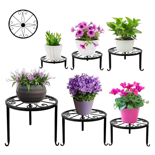 6-Pack Metal Plant Stand,Heavy Duty Flower Pot Stands for Multiple Plant,Outdoor Anti-Rust Plant Pot Shelf, Round Plant Holder for Outdoor/Indoor Planter, Living Room, Balcony Decor (6PACK BLACK)