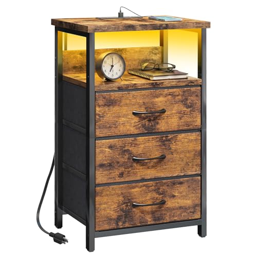 Fixwal Night Stand with Charging Station, LED Nightstand with Fabric Drawers, End Table with PU Finish, Bed Side Table, Rustic Brown - color: Rustic Brown, size: 27.6"H (3 drawers), style: Power+Light (1pc)