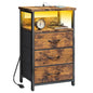 Fixwal Night Stand with Charging Station, LED Nightstand with Fabric Drawers, End Table with PU Finish, Bed Side Table, Rustic Brown - color: Rustic Brown, size: 27.6"H (3 drawers), style: Power+Light (1pc)