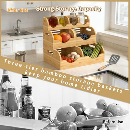 Upgraded 3 Tier Bamboo Pantry Storage Bins,Large potato storage | With 2 Banana Hangers,Stackable Potato and Onion Storage Bin with Airflow Vent,Vegetable Storage,for Kitchen Countertop