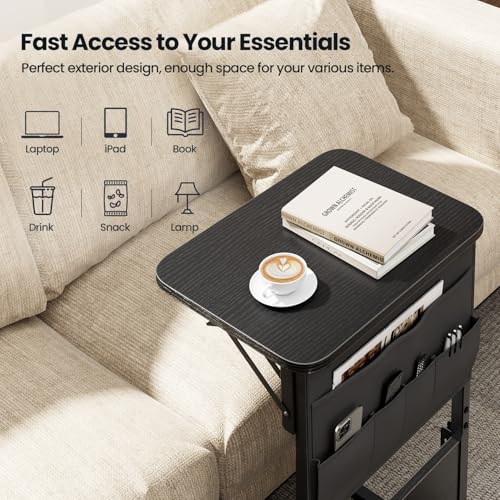 HLDIRECT C Shaped End Table with Charging Station & Storage Bag Black | 2 USB & 2 Outlets, Storage Bag, FSC Wood, Foldable, 11.8"D x 15.7"W, for Small Spaces, Couch, Bedroom - color: Black