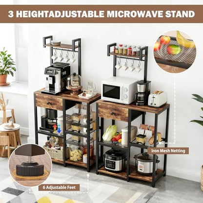 Kitchen Bakers Rack with Drawer,6 Tier Microwave Stand with Hooks | Adjustable Coffee Bar Station,Free Standing Bakers Rack with Storage,Kitchen Appliance Storage Shelf for Spices,Pots