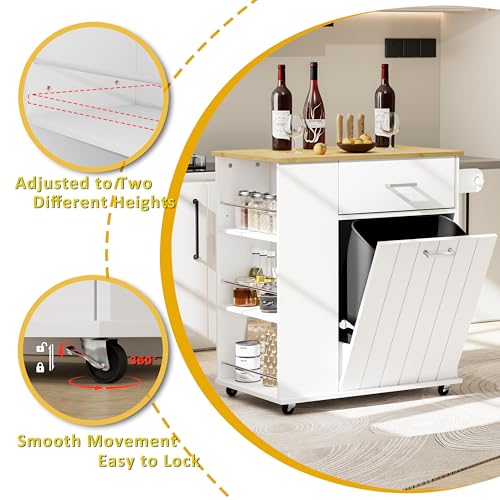 HQZX Rolling Kitchen Island with Trash Can Storage, Portable Kitchen Island on Wheels with Towel Rack & Spice Rack, Tilt Out Trash Can Cabinet with Drawer, Mobile Island Cart (White) - color: White