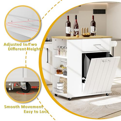 HQZX Rolling Kitchen Island with Trash Can Storage, Portable Kitchen Island on Wheels with Towel Rack & Spice Rack, Tilt Out Trash Can Cabinet with Drawer, Mobile Island Cart (White) - color: White
