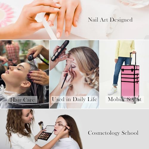 Particle Rolling Makeup Train Case Professional Cosmetic Trolley Large Storage Organizer with Key Swivel Wheels Salon Barber Case -Extra Portable Cosmetic Bag, Pink - color: Pink