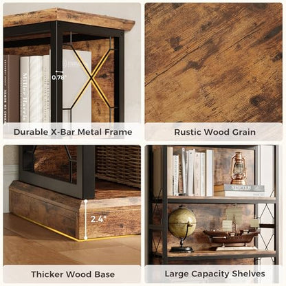 IRONCK 71 Inch Industrial Bookshelf, 5 Tier Tall Bookshelf and Bookcase to Display and Collect, Thicken Wood Rustic Book Shelf with Thicken Metal Frame for Living Room and Bedroom, Rustic Brown