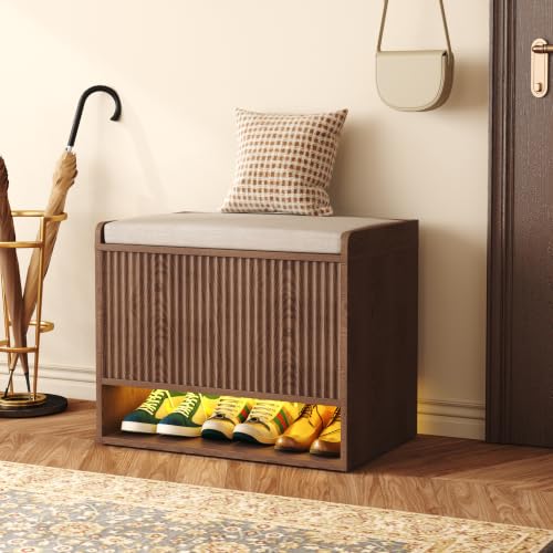 HOMEFORT 23.6" Fluted Shoe Storage Bench, Small Entryway Bench with Linen Seat Cushion, Shoe Cabinet Bench with Adjustable Shelf and Built-in LED Sensor Light, Bench for Bedroom End of Bed,Walnut - color: Walnut, size: 23.6"Wx15.15"D x19.3"H