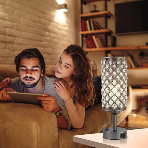 Hong-in Gray Crystal Lamp Touch Control Set of 2, Crystal Table Lamps with USB C+A Ports & AC Outlet, 3-Way Dimmable Nightstand Touch Lamp, Modern Bedside Table Lamp for Bedroom(Bulbs Included) - color: Gray