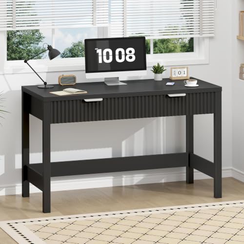47 Inch Small Fluted Computer Desk with 2 Drawers for Bedroom, Home Office | Small Computer Desk with Storage, Compact Writing Study Vanity Desk for Small Spaces, Black - color: Black, size: 47-Inch Desk