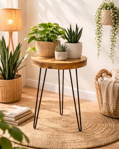 Round Live Edge Wood End Table, 14" Small Natural Wood Side Table with Hairpin Legs, Rustic Modern Nightstand, Small Wood Coffee Table for Living Room Bedroom Office - size: 14" L x 14" W x 17" H