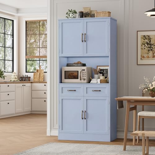 HOSTACK 71" Tall Kitchen Pantry Storage Cabinet, Modern Kitchen Hutch Bar Cabinet with Microwave Stand, Wood Buffet Sideboard with Hutch, Cupboard with Drawers, Shelves for Dining Room, Light Blue - color: Light Blue + Bronze Handles