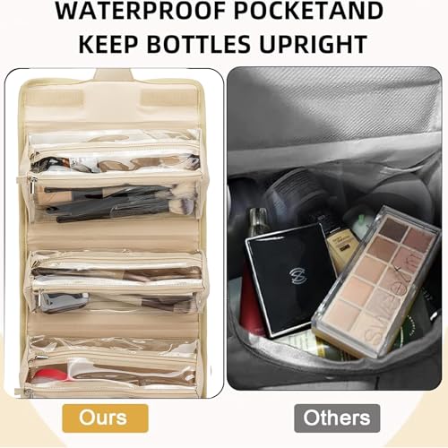 Roll Up Makeup Bag, Travel Toiletry Bag for Women with 4 Clear TSA Approved Pouches, Hanging Travel Organizer, Folding Cosmetic Bag for Men and Women - color: khaki