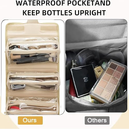 Roll Up Makeup Bag, Travel Toiletry Bag for Women with 4 Clear TSA Approved Pouches, Hanging Travel Organizer, Folding Cosmetic Bag for Men and Women - color: khaki