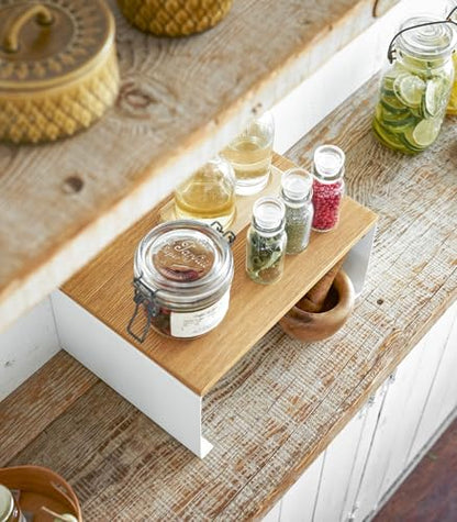 YAMAZAKI Home Tosca Wood-Top Stackable Kitchen Rack - Modern Counter Shelf Organizer - Large - Steel + Wood - Stack Up to Two - size: Large