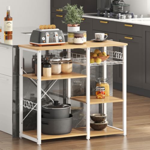 soges 3-Tier Kitchen Baker's Rack, Compact Microwave Stand, White Oak | Space-saving for Apartments, Kitchen, Pantry, Living Room, Sliding Storage Basket, 5 Hooks, Sturdy X-Frame, Easy Assembly - color: White Oak