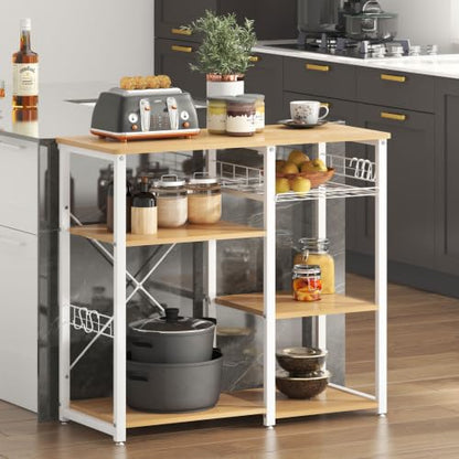 soges 3-Tier Kitchen Baker's Rack, Compact Microwave Stand, White Oak | Space-saving for Apartments, Kitchen, Pantry, Living Room, Sliding Storage Basket, 5 Hooks, Sturdy X-Frame, Easy Assembly - color: White Oak