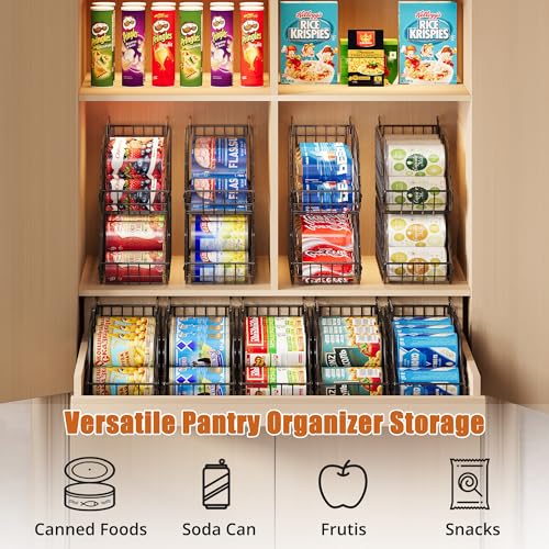 Sonyabecca 8 Pack Stackable Can Organizer for Pantry Cabinet Food Storage | Wire Storage Rack Holds Up to 72 Cans, Beverages and Food. Small Metal Organizer for Kitchen Counters, Fridges and RV