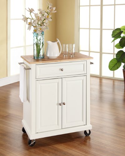 Crosley Furniture Compact Wood Top Small Rolling Cart with Shelves, Microwave Stand with Towel Rack, White - color: White, style: Natural Wood Top