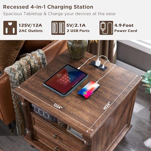 T4TREAM 24" Farmhouse Nightstands with 2 Drawers, Reclaimed Barnwood | 4 Solid Wood Feet, Charging Station, Tall Rustic Wood Square, Sofa Side Table, Living Room, Bedroom - color: Reclaimed Barnwood